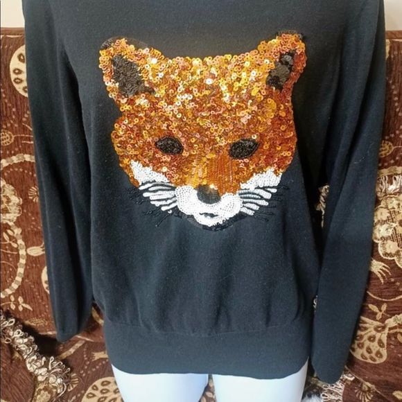 French Connection Sequin Fox Black Cotton Sweater - Picture 10 of 10